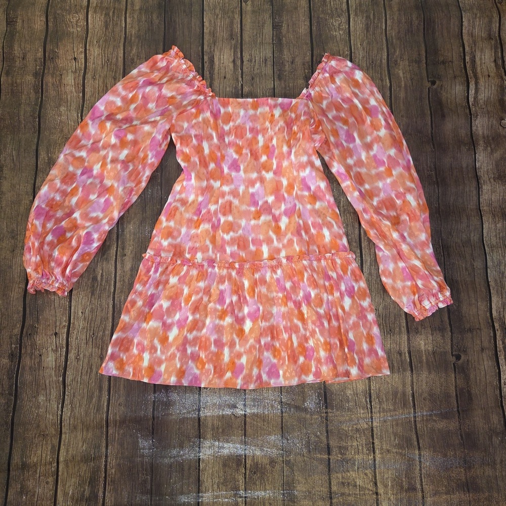 Amanda Uprichard Dress Women XS Pink Buchanan Long Puff Sleeve Mini Smocked Hem